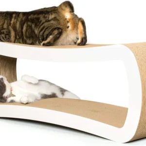 Jumbo Cat Scratcher Lounge, White. 39 x 11 x 14 inch 4 Cardboard Scratching Surfaces and 2 Levels, Scratch, Play, Perch, and Hid