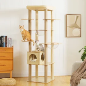 Multi-Level Cat Tree for Indoor Wood Cat Tower with Scratching Posts Spacious Condo Hammock Top Perch Cat Scratcher Cat Toys