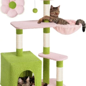 Large Cat Tree with 2-Door Condo, Scratching Posts, Floral Perch & Hammock for Indoor Cats, Green Pink