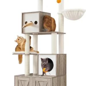 Cat Tree with Litter Box Enclosure, 2-in-1 Modern Cat Tower, 70.8-Inch Tall Cat Condo with Scratching Posts, Perch, Caves