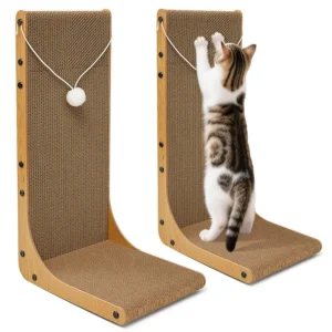 2Pack 23.6 Inch LShaped Cardboard Cat Scratcher, Dual Use Vert Horiz Scratch Pad with Toy Balls, WallMountable Furniture Protect