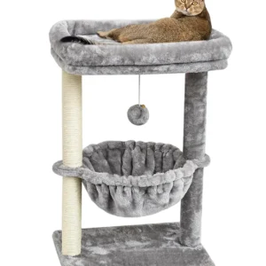 Small Indoor Cat Tree with Scratching Post, Cat Bed, Basket, and Hanging Ball for Play and Rest