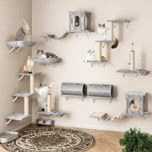 14-in-1 Cat Wall Shelves, Wall Mounted Cat Climber Set with House, Tunnel, Bridge, Steps, Scratcher, DIY Playground for Indoor