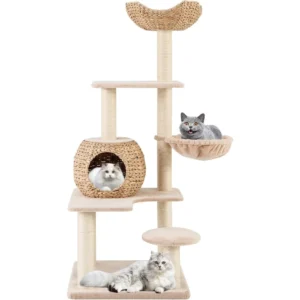 PETSITE 59 inch Cattail Tree Tower, Multi-Level Cat Tower with Natural Sisal Scratching Posts, Cat Condo