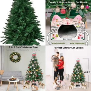 4.8ft Unlit PVC Spruce Christmas Tree with Cartoon Base and Topper, Perfect Gift for Cat Enthusiasts