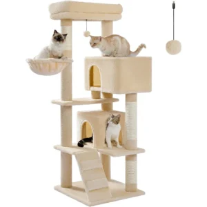 Cat Tree for Indoor Cats, 2 Cozy Condos with Spacious Top Perch, 56.3-Inch Multi-Level Cat Tower with Scratching Posts, 2 Caves