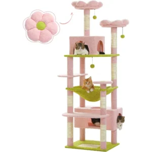 Cat Tree, 72 Inches Large Cat Tower with Steel Frame Hammock and 7 Scratching Posts, Tall Cat Tree with 2 Condos and Perches