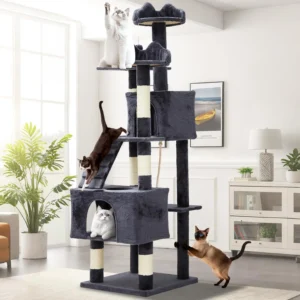 74" Tall Cat Tree For Large Cats Heavy Duty Multi-Level Anti-Tip Cat Tower With 6 Scratching Posts Top Perch & Cozy Rest Areas