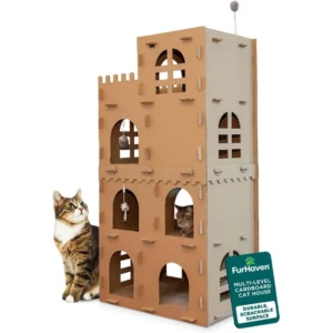 Multi-Level Cardboard Cat House with Catnip & Toys, Double-Walled Scratcher for Lounging, Play & Comfort, Brown