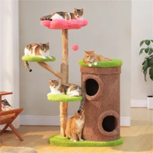 Wood Cat Tree with Cozy Condos Natural Scratching Posts Flower Perch Modern Cat Tower for Indoor Multi-Level Cat House Cat Toys