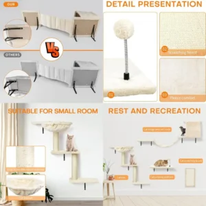 5-Piece Beige Indoor Cat Wall Furniture Set: Shelves, Perches, Condo, Ladder, Scratching Board